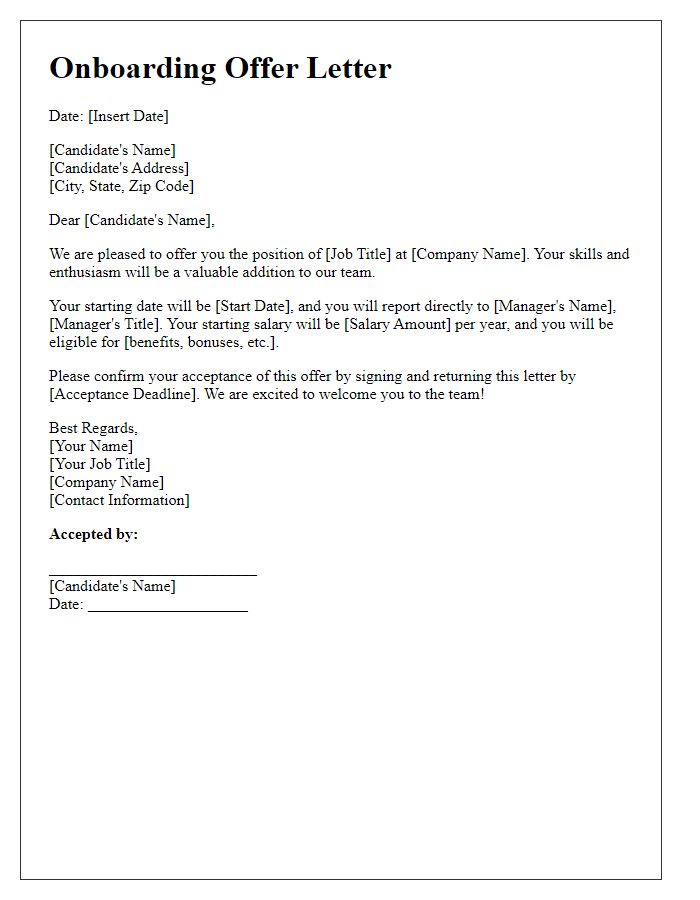 Letter template of onboarding offer for entry-level candidates