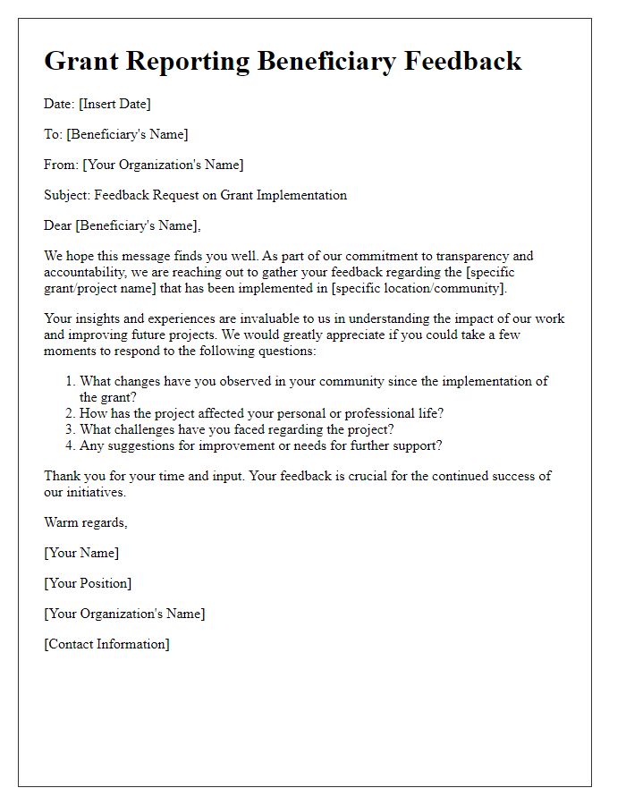 Letter template of grant reporting for beneficiary feedback.