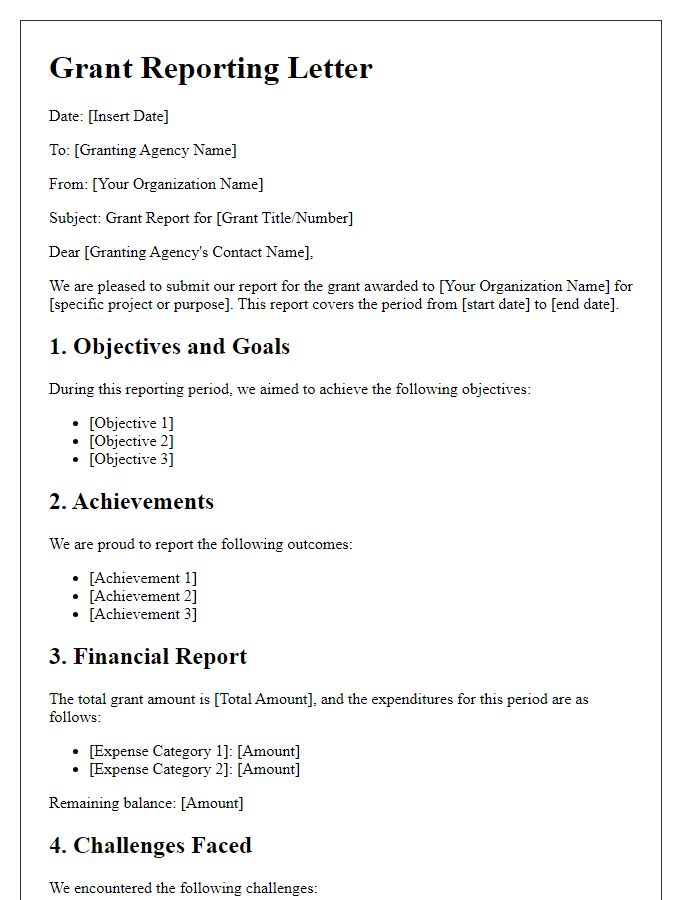 Letter template of grant reporting for compliance and accountability.