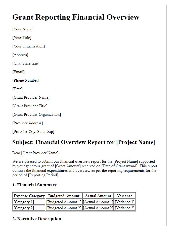 Letter template of grant reporting for financial overview.