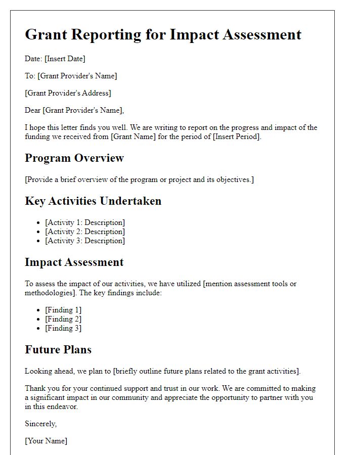 Letter template of grant reporting for impact assessment.