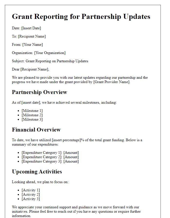 Letter template of grant reporting for partnership updates.