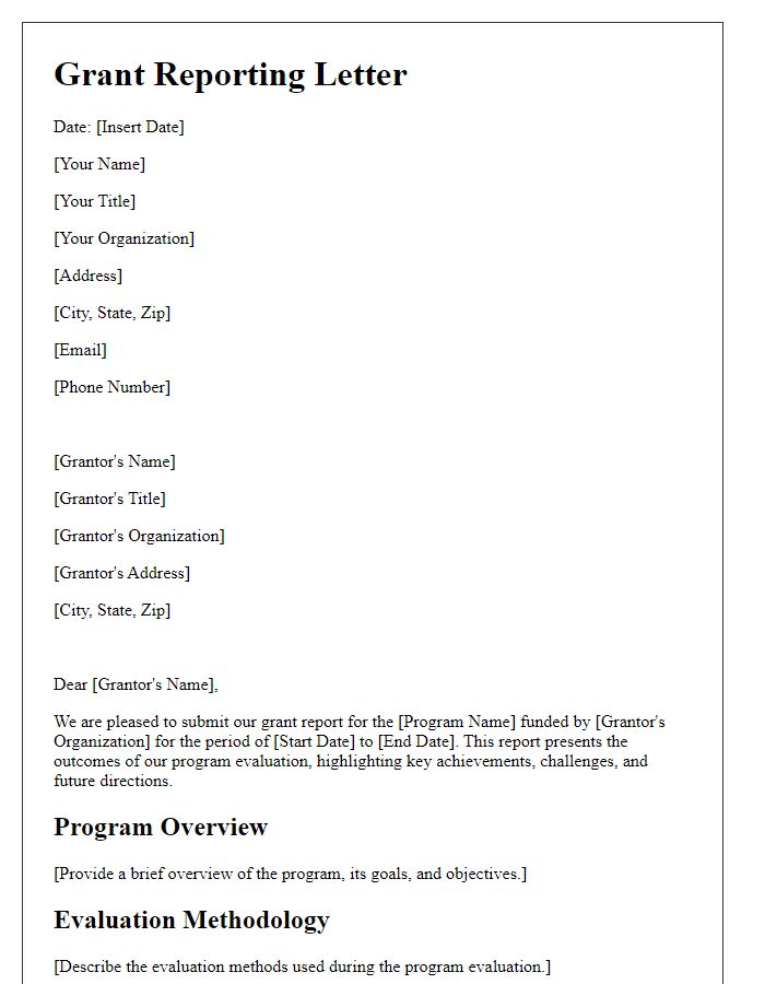 Letter template of grant reporting for program evaluation.