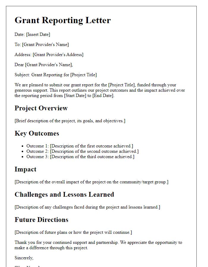 Letter template of grant reporting for project outcomes.