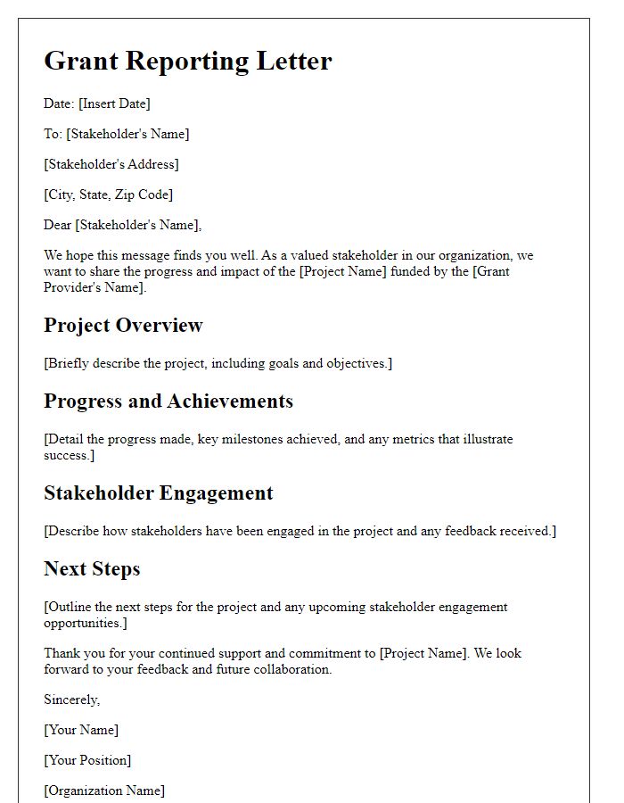 Letter template of grant reporting for stakeholder engagement.