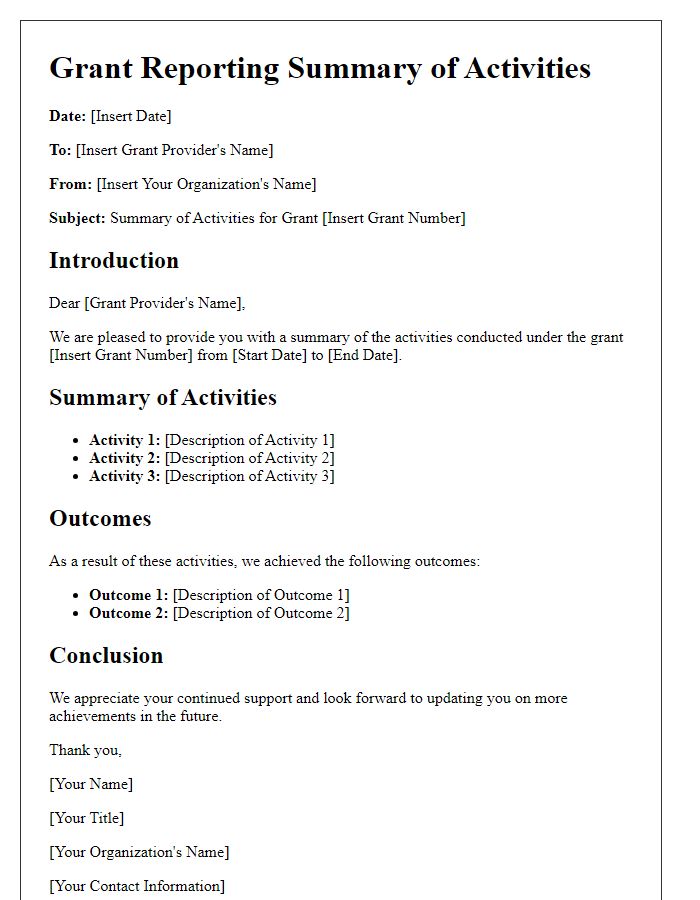 Letter template of grant reporting for summary of activities.