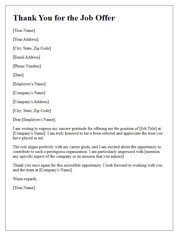 Letter template of prestigious job offer gratitude