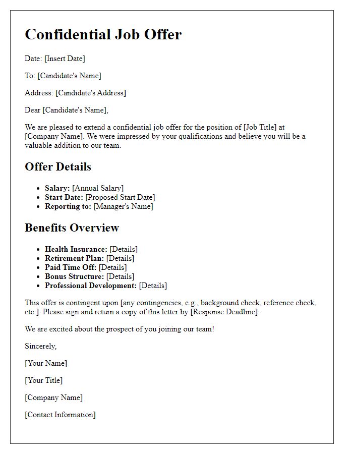 Letter template of confidential job offer with benefits overview