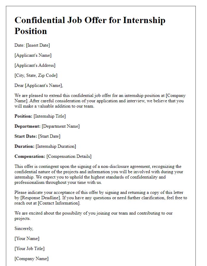 Letter template of confidential job offer for internship position