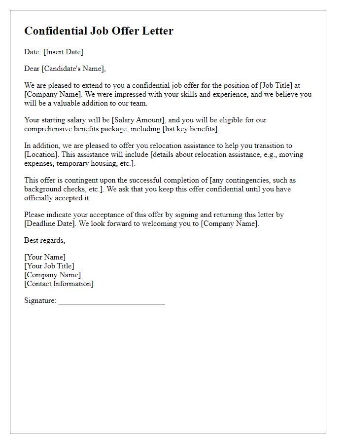 Letter template of confidential job offer with relocation assistance