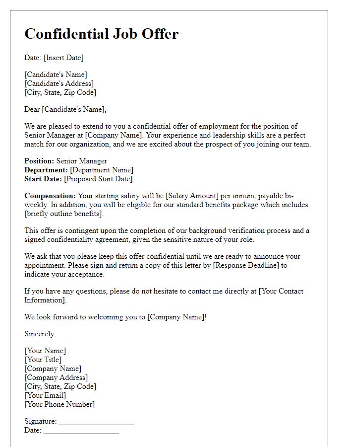 Letter template of confidential job offer for senior management