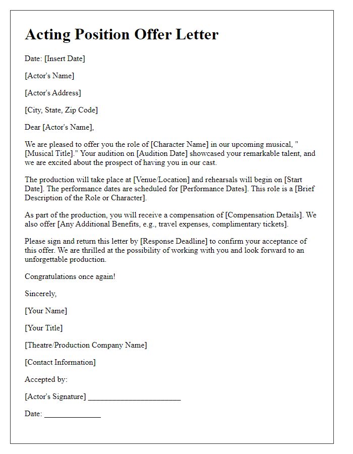 Letter template of acting position offer for a musical.