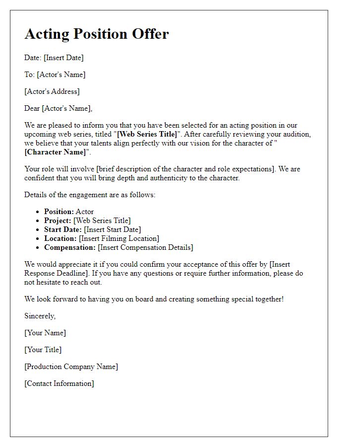 Letter template of acting position offer for a web series.