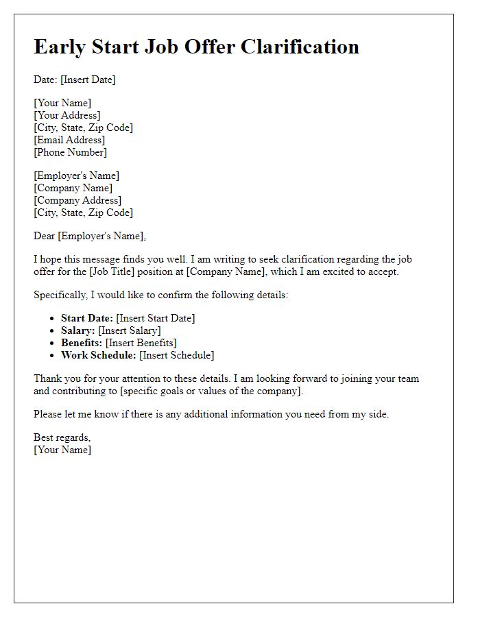 Letter template of Early Start Job Offer Clarification