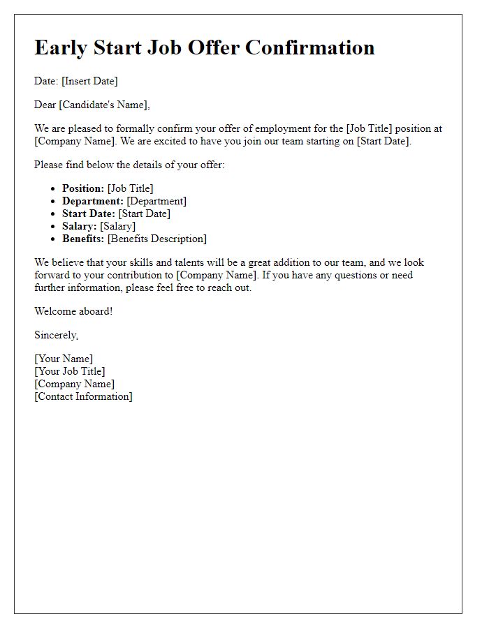 Letter template of Early Start Job Offer Confirmation