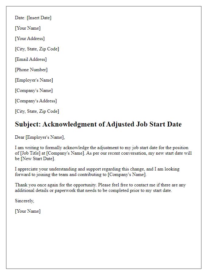 Letter template of acknowledgment for adjusted job start.