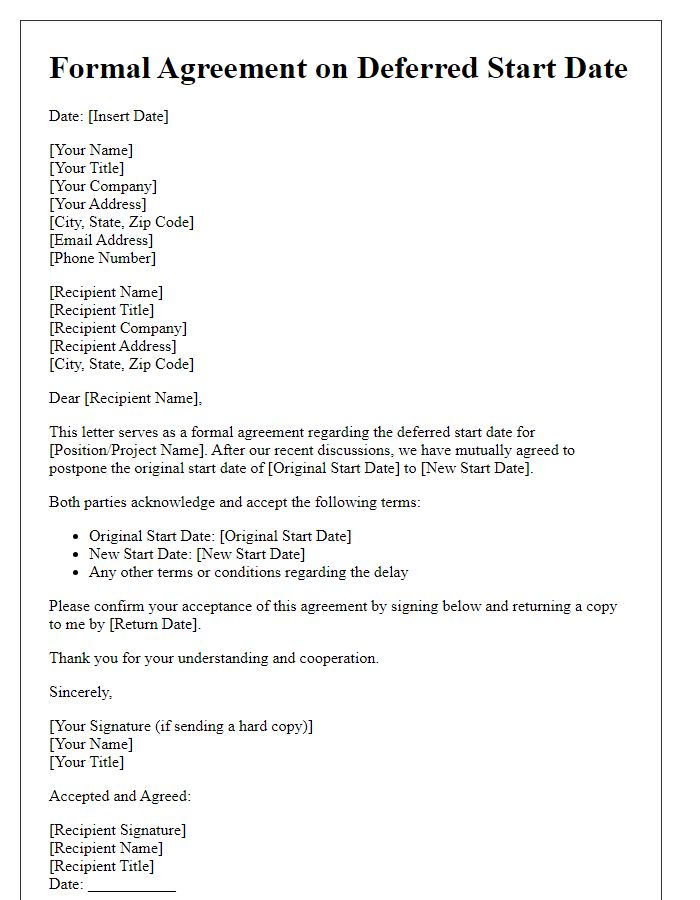 Letter template of formal agreement on deferred start date.