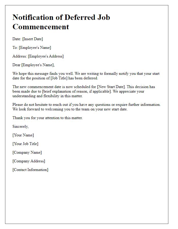 Letter template of notification for deferred job commencement.