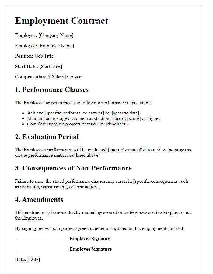 Letter template of employment contract with performance clauses.