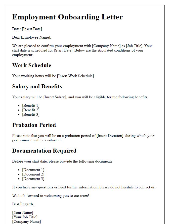 Letter template of employment onboarding with stipulated conditions.