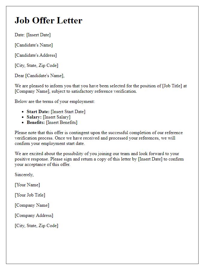 Letter template of job offer subject to reference verification.