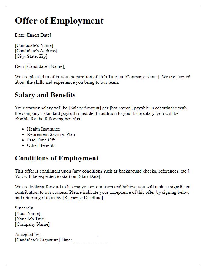 Letter template of offer letter with salary conditions outlined.