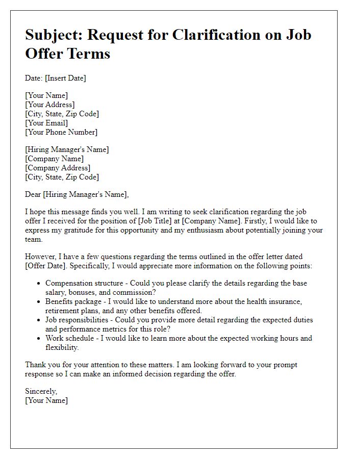 Letter template of clarification needed for job offer terms