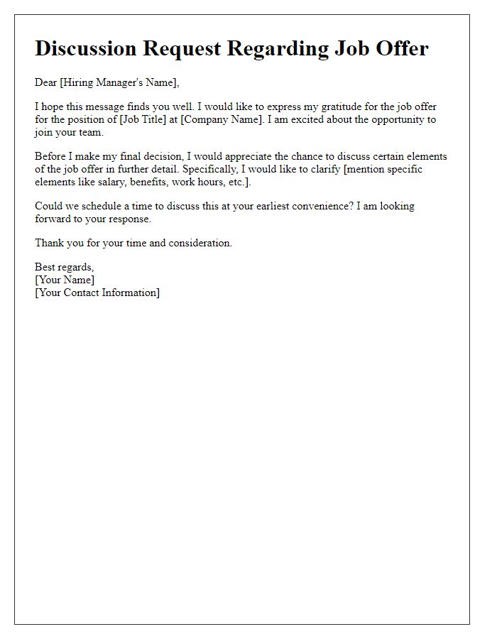 Letter template of discussion request on job offer elements