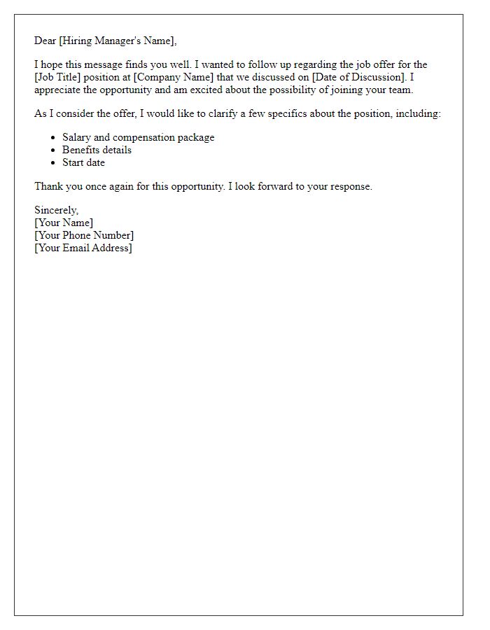 Letter template of follow-up regarding job offer specifics