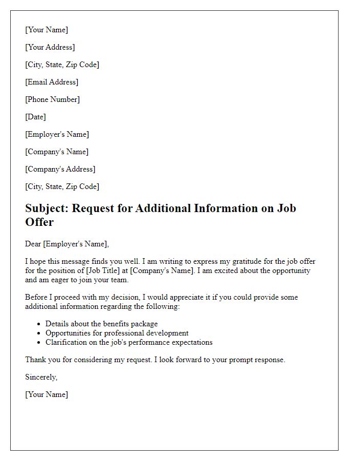 Letter template of request for additional information on job offer