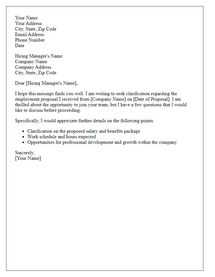 Letter template of seeking clarification on employment proposal