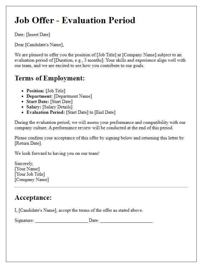 Letter template of evaluation period job offer