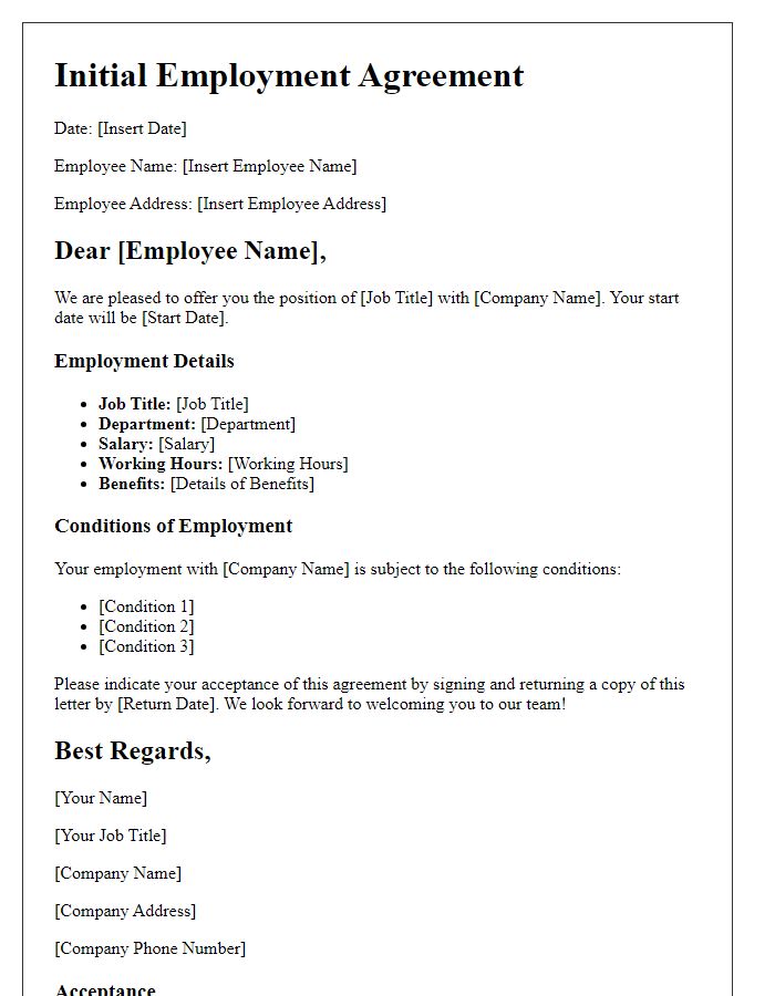 Letter template of initial employment agreement