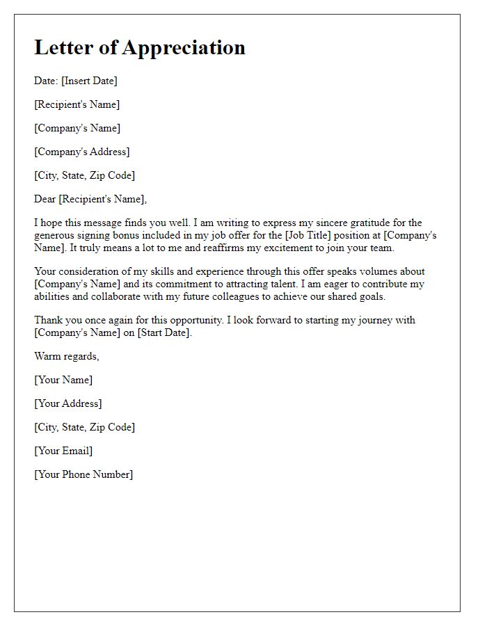 Letter template of expression of gratitude for signing bonus job offer