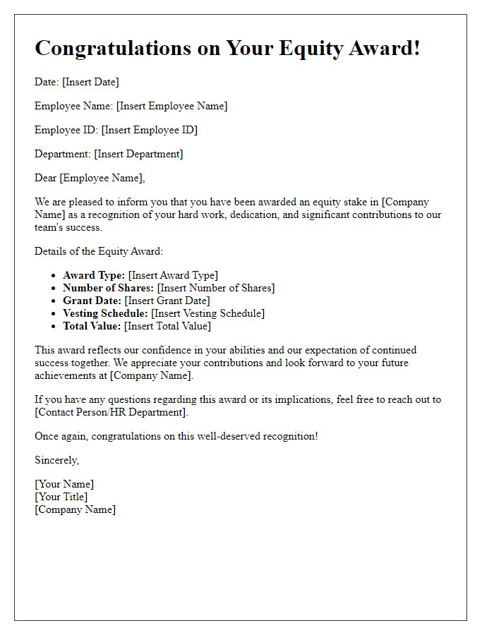 Letter template of employee equity award