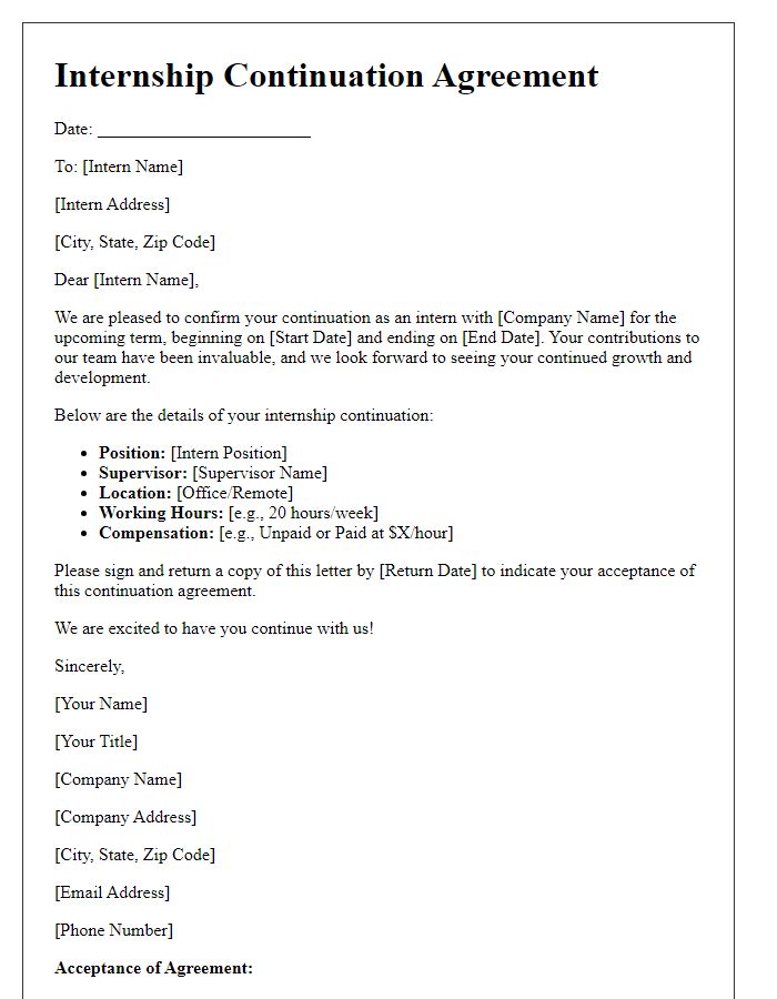 Letter template of Internship Continuation Agreement