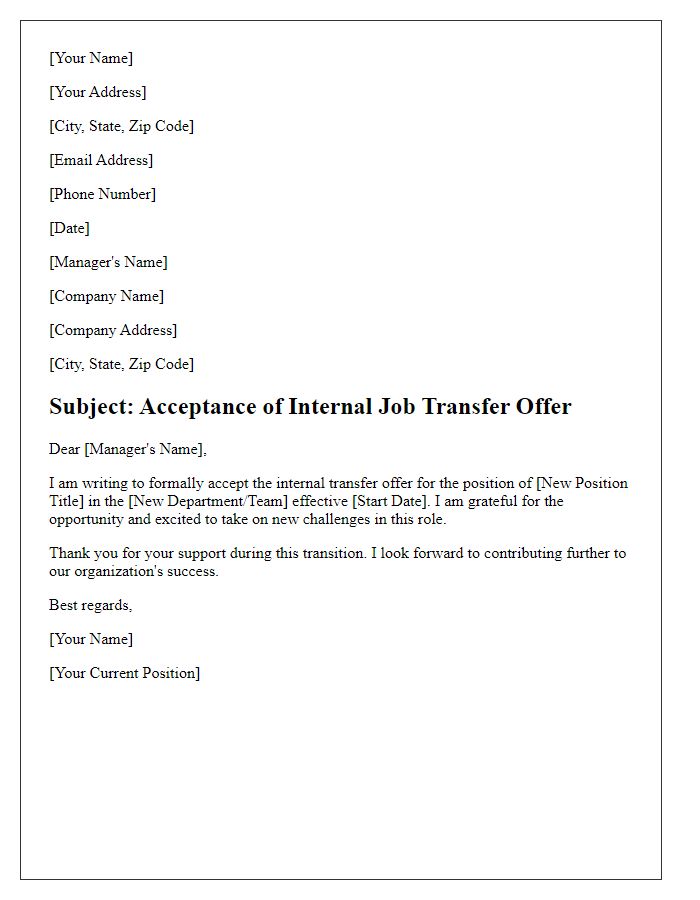 Letter template of internal transfer job offer acceptance