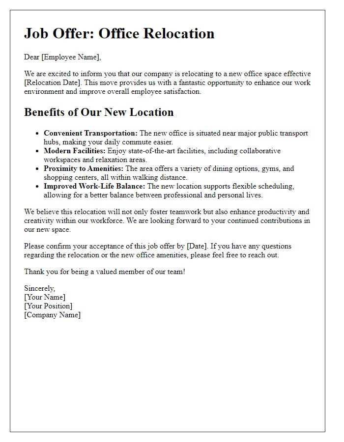 Letter template of office relocation job offer highlighting benefits of the new location.