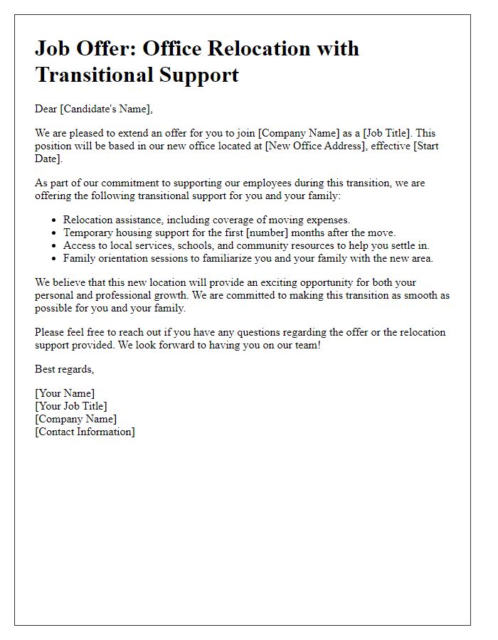 Letter template of office relocation job offer including transitional support for families.