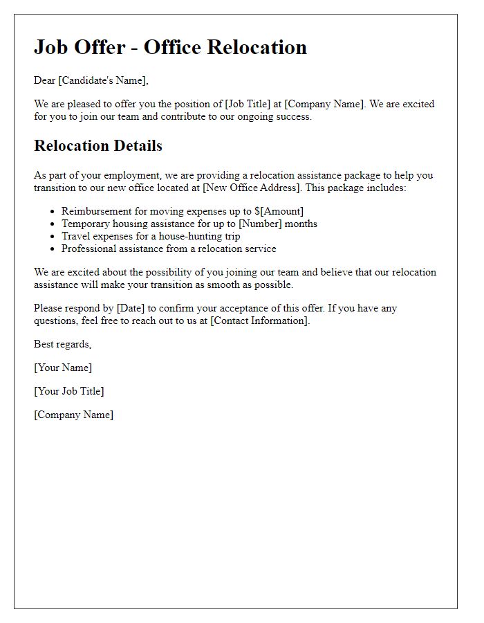 Letter template of office relocation job offer with relocation assistance details.