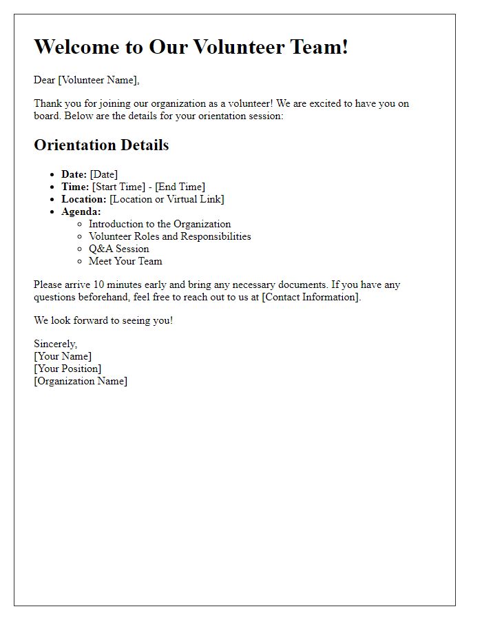 Letter template of orientation details for new volunteers