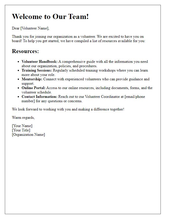 Letter template of resources available for new volunteers