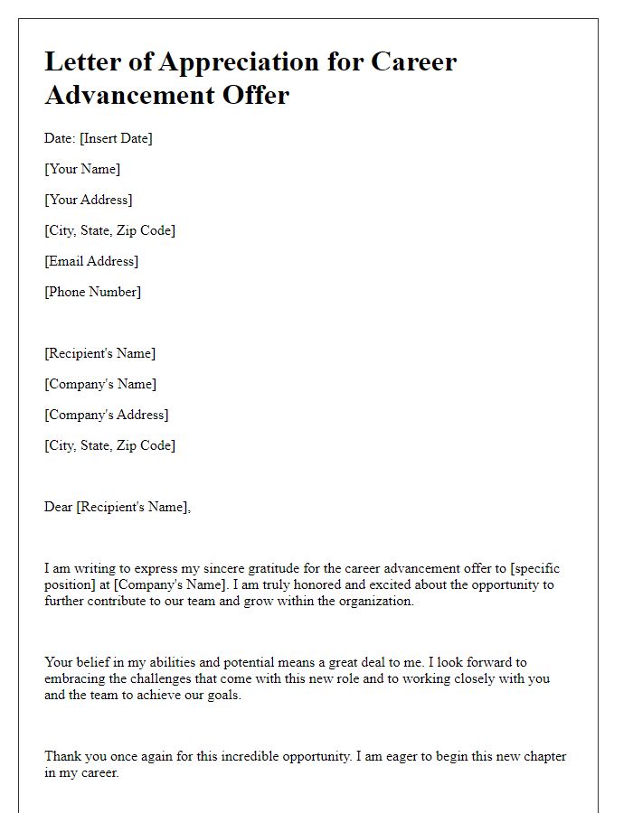 Letter template of appreciation for career advancement offer