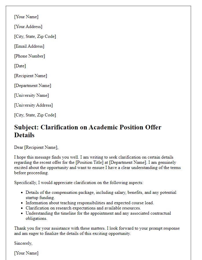 Letter template of clarification on academic position offer details