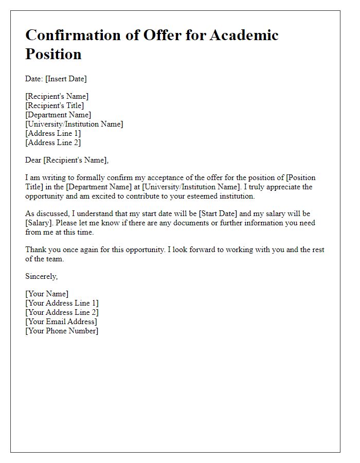 Letter template of confirmation for academic position offer