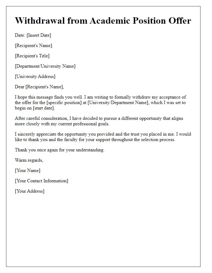 Letter template of withdrawal from academic position offer