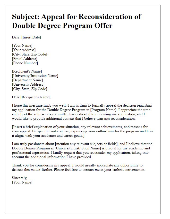 Letter template of appeal for reconsideration of double degree program offer