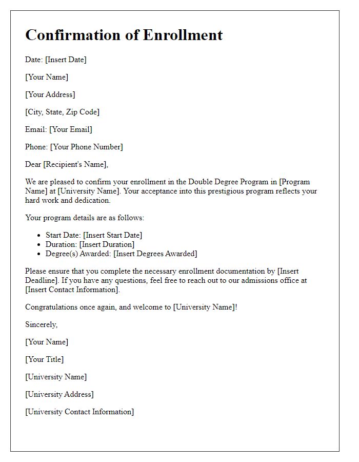 Letter template of confirmation of enrollment for double degree program offer