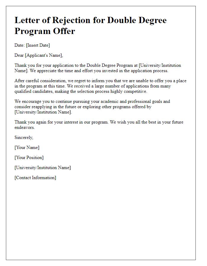 Letter template of rejection for double degree program offer