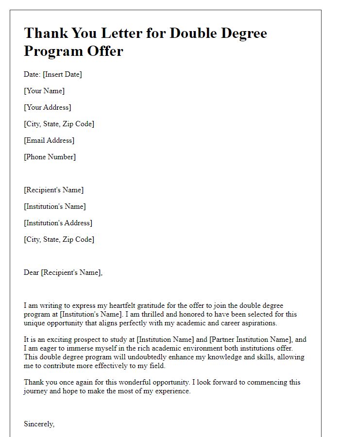 Letter template of thank you for double degree program offer